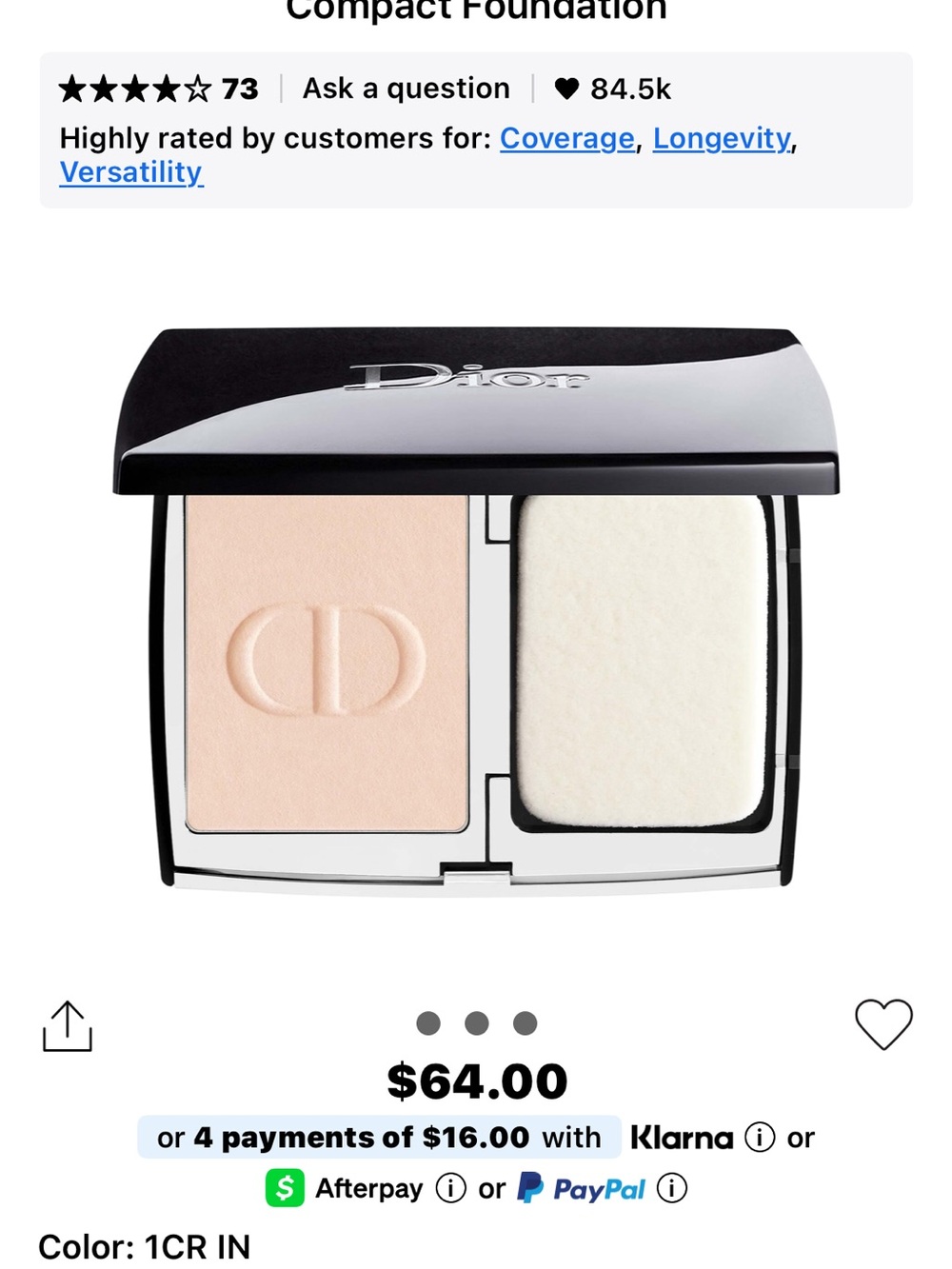 Dior Forever Natural Velvet Matte Compact Foundation 1CR Cool Rosy